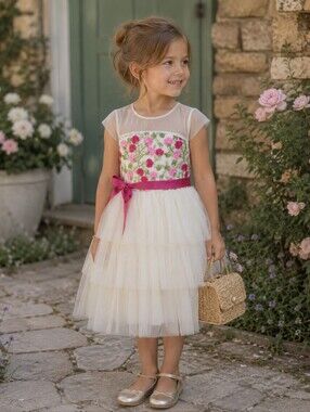 Ava & Yelly Girls Size 5 Ivory Floral Embroidered Tulle Party Dress